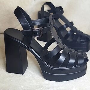 Black Platform Chunky Heels Sandals